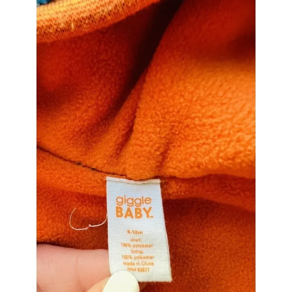 GIGGLE BABY Boy Plush Sherpa Cozy Fleece Blue Orange Coverall Hooded 6-12m